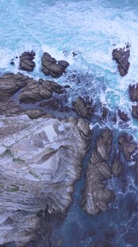 Aerial view from a drone of the Flysch of Bizkaia on the Cantabrian Sea coast between Algorta and Bakio. Province of Bizkaia. Basque Country. Spain. Europe.
