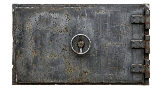 Old rusty metal safe door with handle and hinges isolated on transparent background
