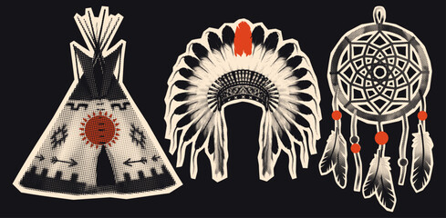 Native American Tipi, Feather Headdress and Dreamcatcher Halftone Collage Illustration © Satoru Sketches