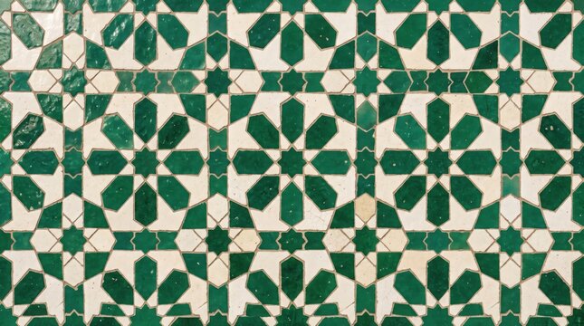 Traditional Moroccan zellij ceramic tile pattern with green and white Islamic geometric stars   