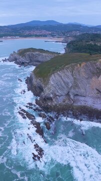 Aerial view from a drone of the Flysch of Bizkaia on the Cantabrian Sea coast between Algorta and Bakio. Province of Bizkaia. Basque Country. Spain. Europe.