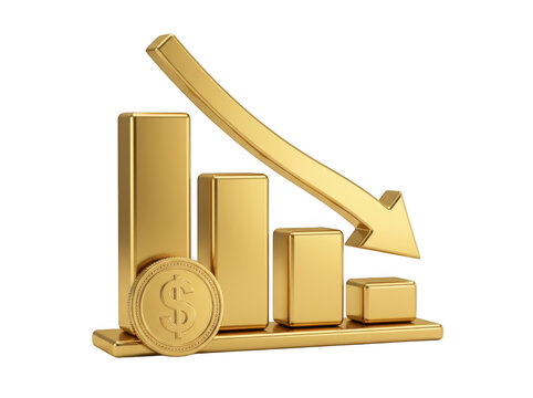Golden bar chart with a downward arrow and a dollar coin isolated on transparent background