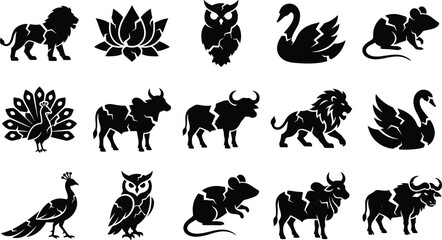 Obraz premium Set of silhouettes of animals and lotus flower with cracked texture