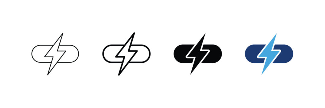 Event trigger icon set. Lightning bolt on button switch Icons. Editable stroke, outline, Glyph and two-tone vector illustration.