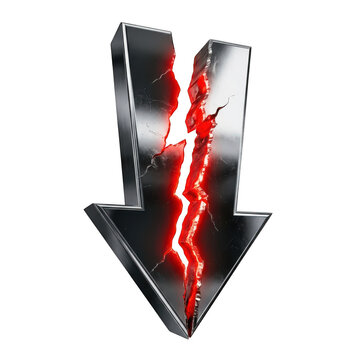 Broken silver metal arrow pointing down with red glowing light isolated on transparent background