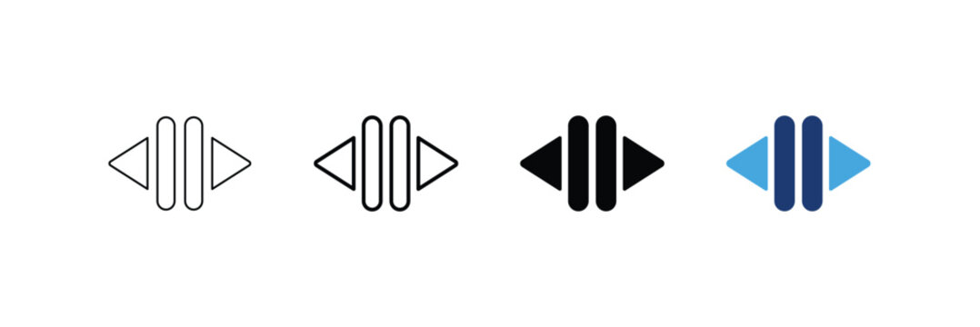 Pause resume icon set. Play arrows and pause bars control Icons. Editable stroke, outline, Glyph and two-tone vector illustration.