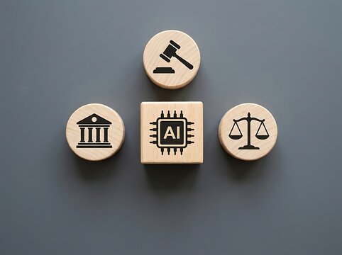 Wooden blocks with artificial intelligence symbol and legal icons representing law and regulation