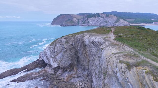 Aerial view from a drone of the Flysch of Bizkaia on the Cantabrian Sea coast between Algorta and Bakio. Province of Bizkaia. Basque Country. Spain. Europe.