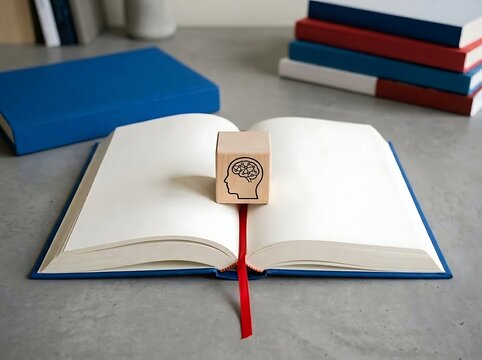Open book with a wooden cube showing a brain silhouette resting on a desk with stacked books