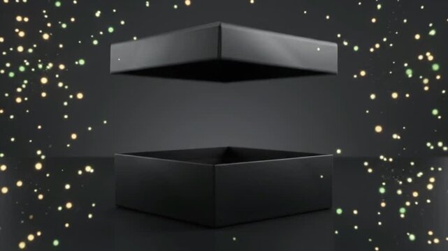 Open Black Gift Box with Floating Lid and Glowing Gold Particles on Dark Background