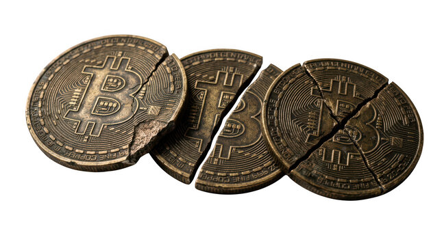 Broken bitcoin cryptocurrency coins isolated on transparent background