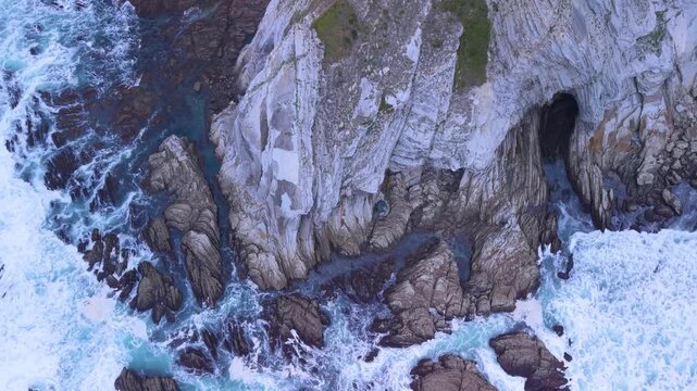 Aerial view from a drone of the Flysch of Bizkaia on the Cantabrian Sea coast between Algorta and Bakio. Province of Bizkaia. Basque Country. Spain. Europe.