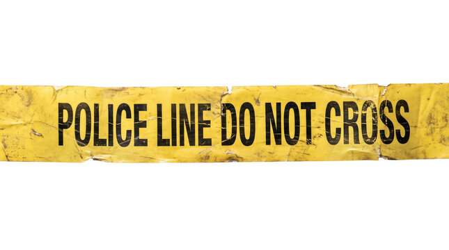 Yellow police barrier tape with "restricted area" message and transparent background