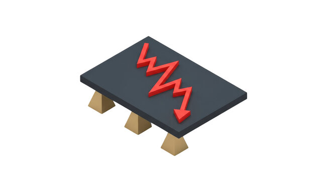 3d isometric illustration of a red zigzag arrow pointing downwards on a dark platform isolated on transparent background