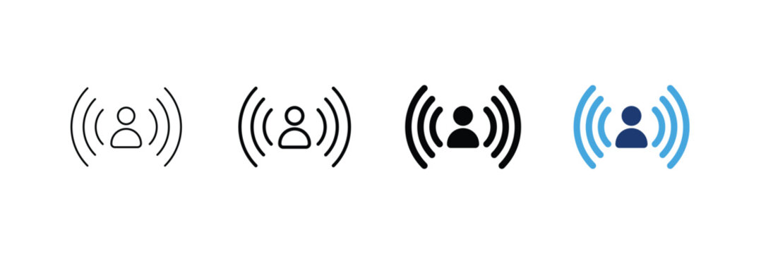 Total reach icon set. User profile broadcasting signal waves Icons. Editable stroke, outline, Glyph and two-tone vector illustration.