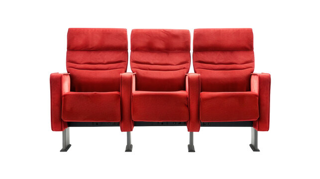 Red cinema seats upholstered in soft velvet fabric arranged in a row inside auditorium on transparent background
