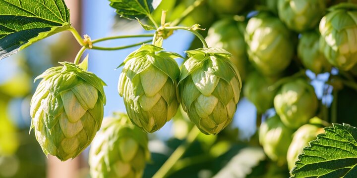 Fresh green hop cones hanging on vine with sunlight and blue sky background