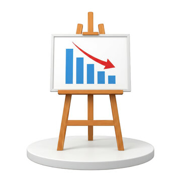 3d render of a bar chart showing a downward trend on a wooden easel isolated on transparent background