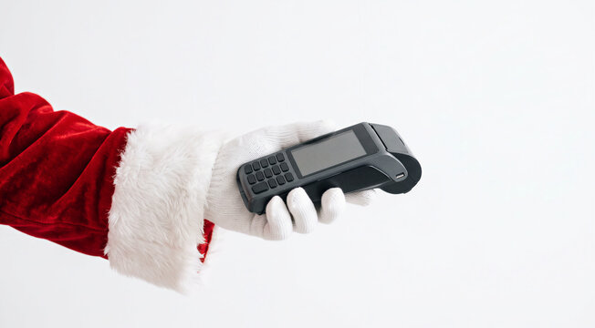 Santa claus hand holding POS payment terminal isolated on white background, expensive holiday season, christmas shopping expense and credit card concept