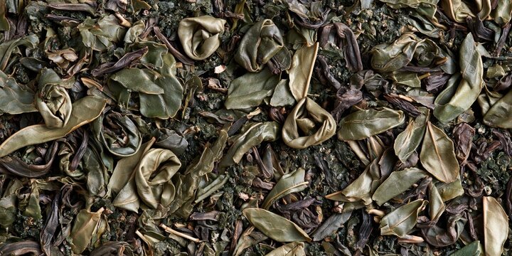 Dry curled tea leaves in loose leaf blend with green and brown tones