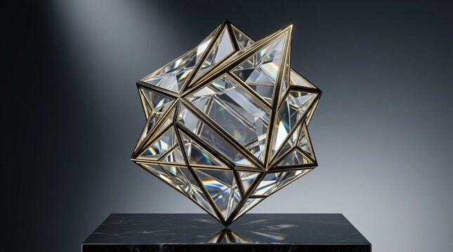 Geometric crystal glass star sculpture, metallic brass framed polyhedral art piece, modern luxury decor object