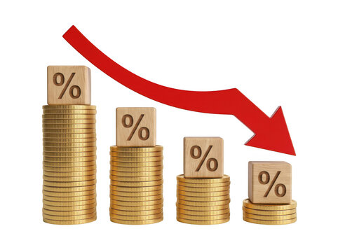Decreasing interest rates represented by stacks of gold coins and a red downward arrow isolated on transparent background