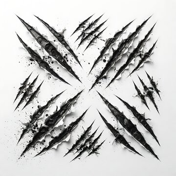 Animal claw scratch marks set, aggressive wild beast slashes on white background, black ink style illustration for horror and action graphics