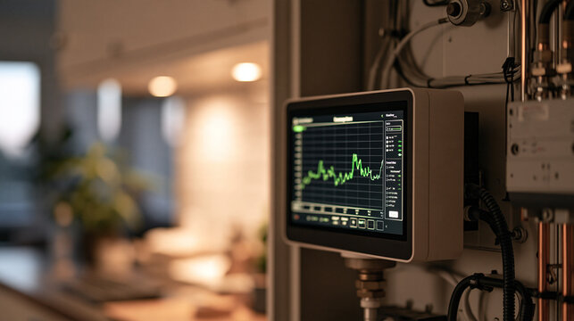 Close up of smart energy monitor mounted beside electrical panel displaying real time kilowatt consumption graphs, household circuit usage breakdown glowing on touchscreen,