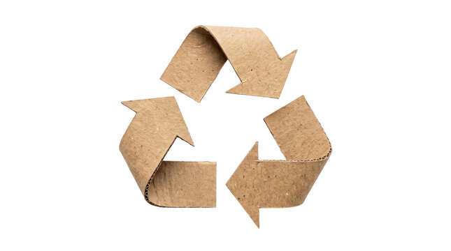 Recycling symbol made of recycled cardboard, isolated on a transparent background.