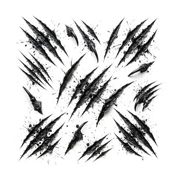 Black animal claw scratches and slash marks isolated on white background, 3D render graphic asset