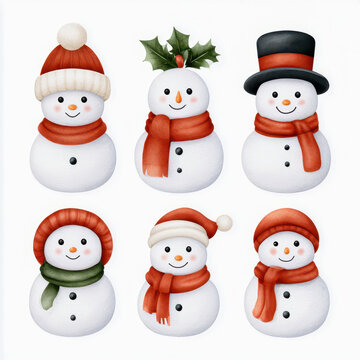 Six cute snowman with red scarf and winter hat, holly leaves, and carrot nose, festive holiday decoration with joyful expression