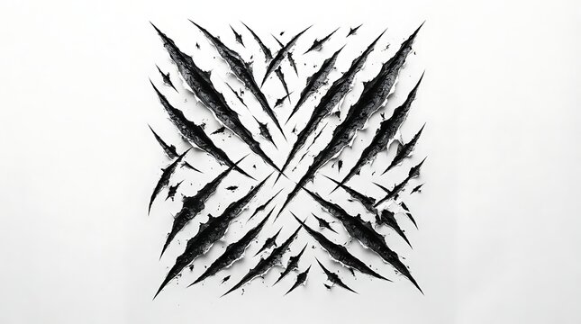 Animal claw marks scratch pattern, aggressive predator slashes on white background, high contrast black and white graphic illustration