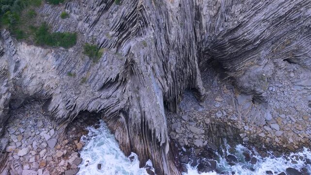 Aerial view from a drone of the Flysch of Bizkaia on the Cantabrian Sea coast between Algorta and Bakio. Province of Bizkaia. Basque Country. Spain. Europe.