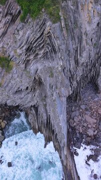 Aerial view from a drone of the Flysch of Bizkaia on the Cantabrian Sea coast between Algorta and Bakio. Province of Bizkaia. Basque Country. Spain. Europe.