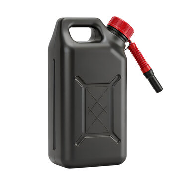 Black plastic fuel canister with red nozzle isolated on transparent background for industrial and automotive use jerrycan gasoline container cutout storage liquid petrol refueling maintenance utility