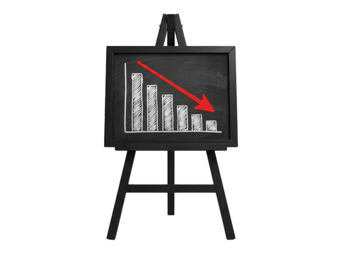 Blackboard on easel showing declining bar chart with red down arrow isolated on white isolated on transparent background