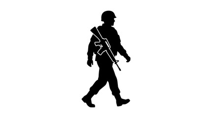 Obraz premium Soldier Silhouette Walking with Rifle and Helmet on Isolated White Background