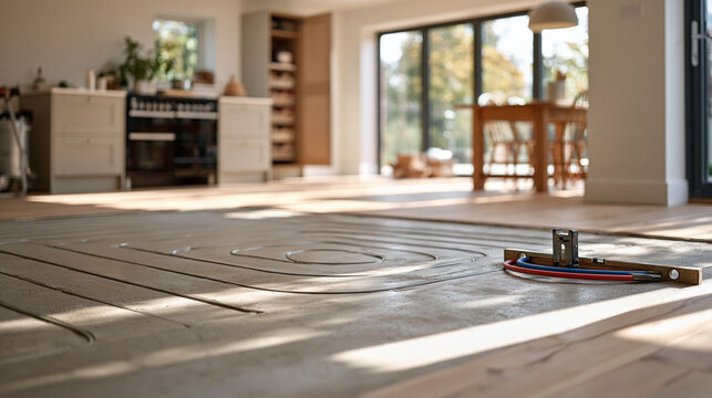 Underfloor heating pipe loops installed in neat sinusoidal pattern across concrete screed floor of open plan kitchen extension, manifold cabinet open on far wall, spirit level and