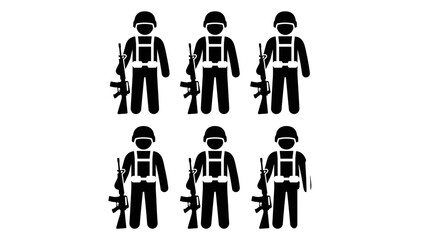 Obraz premium Set of Armed Soldier Silhouettes Standing with Rifles for Military Infographic Design