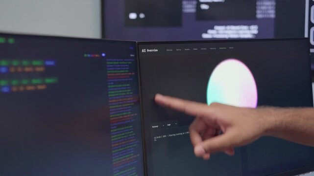 Software engineer check the dashboard information of coding systems and cybersecurity. Professional development verifying code writing with artificial intelligence. Data center programmer performance