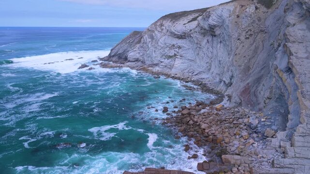 Aerial view from a drone of the Flysch of Bizkaia on the Cantabrian Sea coast between Algorta and Bakio. Province of Bizkaia. Basque Country. Spain. Europe.