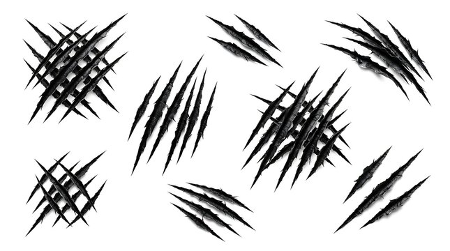 Black animal claw scratches vector set with sharp slash marks and monster attack traces on white background