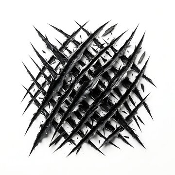 Sharp animal claw marks scratched into surface isolated on white background, aggressive wild beast scratch texture, 3D rendered graphic illustration