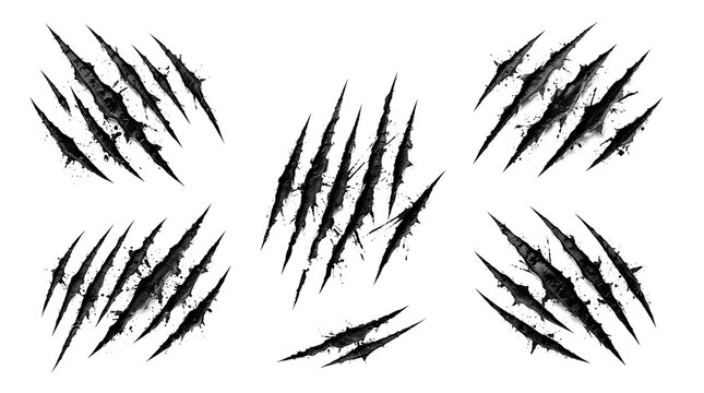 Claw marks set, sharp animal scratch slashes, wild predator attack traces, isolated on white background, vector graphic illustration