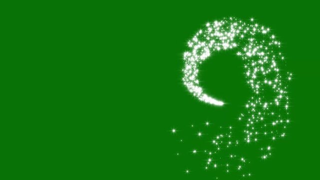 Shimmering white stars follow a glowing glitter path with sparkling dust, elegant light streaks and magical particles, creating a festive seamless animation on green screen in 4k