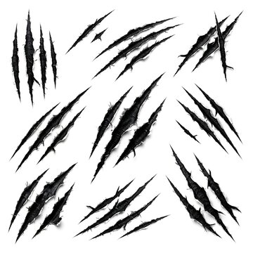 Animal claw scratch marks set, sharp predatory beast slash wounds, isolated on white background, vector illustration for horror and action graphics