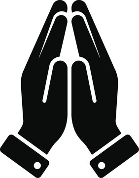Praying hands vector icon in minimal black silhouette design, folded hands prayer symbol for spiritual concepts, namaste greeting gesture graphic
