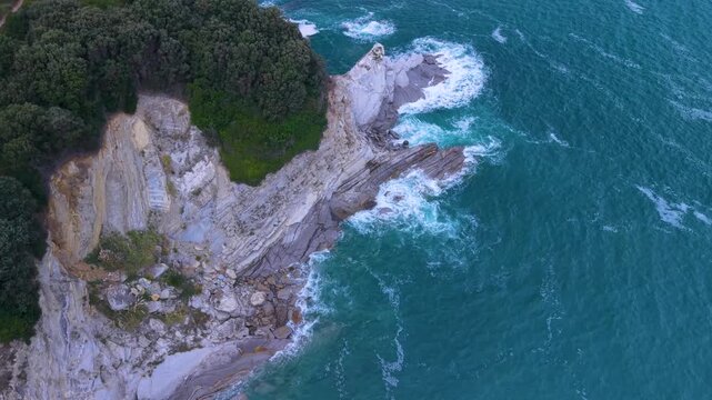 Aerial view from a drone of the Flysch of Bizkaia on the Cantabrian Sea coast between Algorta and Bakio. Province of Bizkaia. Basque Country. Spain. Europe.