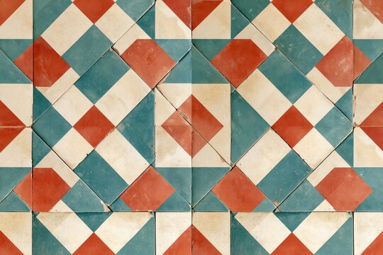 Geometric patterned floor tiles in red, teal and cream with vintage texture