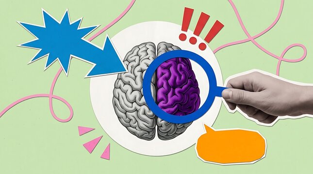 Paper cut collage of hand holding blue magnifying glass pointing at purple side of human brain with blue arrow and orange speech bubble on green background.